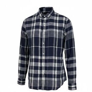 Banana Republic Men's Blue Plaid Linen Button Up Slim Fit Long Sleeve Shirt, L